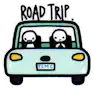 a cartoon of two people in a car with the words `` road trip '' written above them .