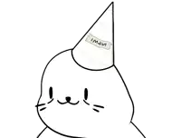 a black and white drawing of a cat wearing a party hat that says new on it