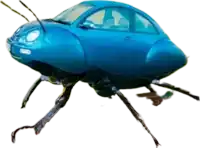 a blue car that looks like a bug with antennas