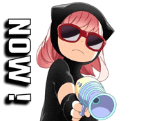 a girl with pink hair and sunglasses is holding a toy gun and the word now is on the bottom