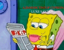 a cartoon of spongebob reading a newspaper with luxe santano written on the bottom