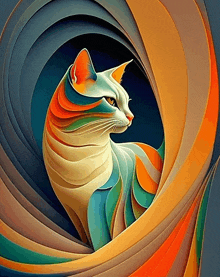 a colorful painting of a cat sitting in a swirl