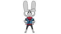 a cartoon rabbit is standing with his hands on his hips wearing a blue shirt and black pants .