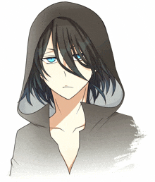 a drawing of a boy with long black hair wearing a hood