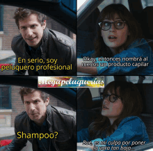 a man and a woman are sitting in a car and the man is asking the woman if she has shampoo