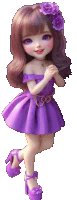 a doll wearing a purple dress and purple shoes with purple flowers in her hair