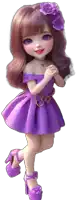 a doll wearing a purple dress and purple shoes with purple flowers in her hair