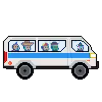 a pixel art drawing of a bus with people riding on it