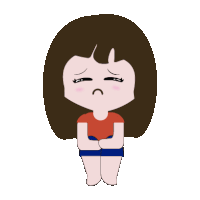 a cartoon girl with brown hair is sitting down with her eyes closed and a sad look on her face