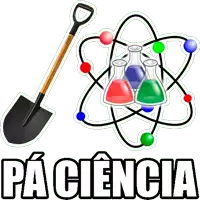 a shovel is next to a drawing of an atom and beakers with the word paciencia below it