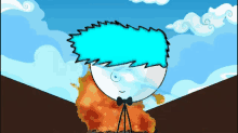 a cartoon character with blue hair is standing in front of a fire