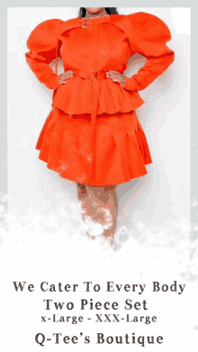 a woman is wearing an orange dress with puffed sleeves and the words " we cater to every body " on the bottom