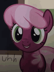 a drawing of a pink pony with green eyes and the word uhh below it