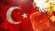 a drawing of a man holding a shield in front of a turkey flag