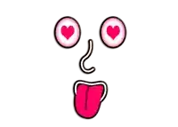 a cartoon face with heart shaped eyes and a tongue sticking out