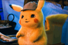 a pikachu wearing a detective hat is standing on its hind legs