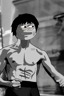 a black and white drawing of a shirtless man with a cartoon face