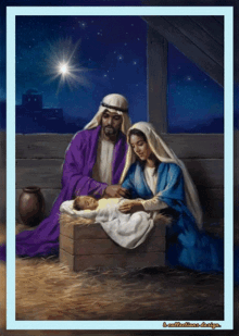 a painting of a nativity scene with a blue border that says a reflections design