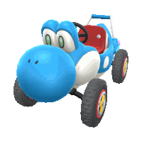 a blue toy car with a red seat and steering wheel