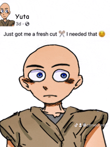 a picture of a bald man with a caption that says " just got me a fresh cut i needed that "