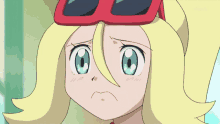 a cartoon girl with blonde hair and blue eyes is wearing a red hat and sunglasses