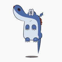 a cartoon drawing of a blue crocodile with a long tail