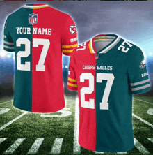 a red and green jersey with the number 27 on the front