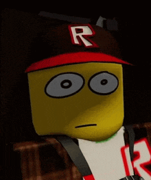 a yellow cartoon character wearing a red hat with the letter r on it .