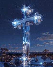 a large cross is reflected in a body of water at night