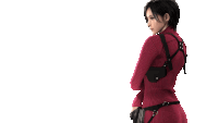 a woman in a red sweater with a gun holster on her back