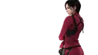 a woman in a red sweater with a gun holster on her back