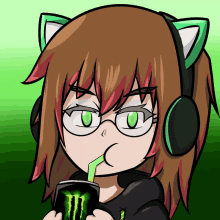 a girl wearing headphones is drinking a monster energy drink through a straw