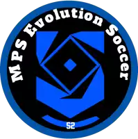 a logo for mps evolution soccer with a blue square