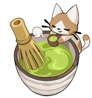 a cat sits in a cup of green tea with a whisk