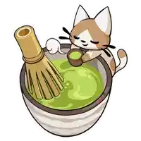 a cat sits in a cup of green tea with a whisk