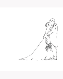 a black and white drawing of a bride and groom kissing on their wedding day