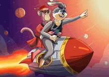 a monkey and a rabbit are riding a rocket