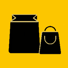 a black shopping bag and a smaller shopping bag are on a yellow background .