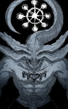 a black and white drawing of a monster with horns and a clock in his head .