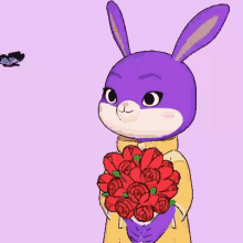 a purple bunny is holding a bouquet of roses