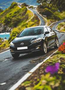 a hyundai car is driving down a road