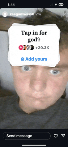 a screenshot of a person 's face with a tap in for god sticker on it