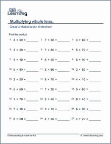 a worksheet that says multiplying whole tens on the top