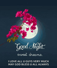 a good night sweet dreams message with a full moon in the background