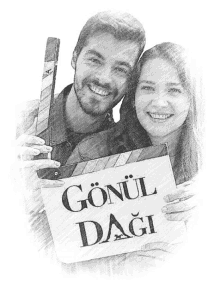 a black and white drawing of a man and a woman holding a sign that says gonul dagi