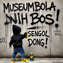 a child spray paints graffiti on a wall that says " museumbola nih bos "