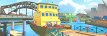 a yellow boat is docked under a bridge in a cartoon scene