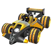 a black and yellow mario kart with the number 1 on it