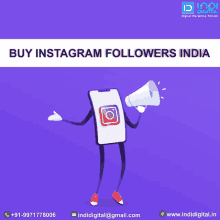 a cartoon character holding a megaphone with the words buy instagram followers india below it