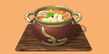 a pot of soup is sitting on a wooden tray on a table .